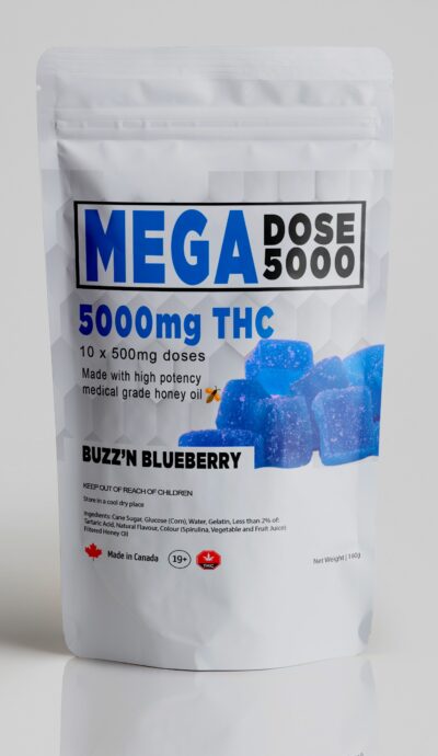 Mega Dose 500’s Gummies Blueberry 5000mg THC buzzedibles
