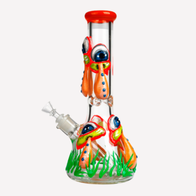 Trippy Eye and Mushrooms 3D Glow in The Dark Hand Painting Bong 12.5″ buzzedibles